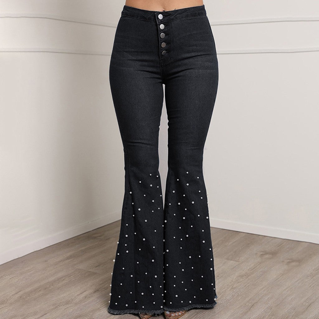 Flare Pearl Beading Wide Leg Boot Cut Skinny High Waist Bell Bottom Jeans - Body Central
