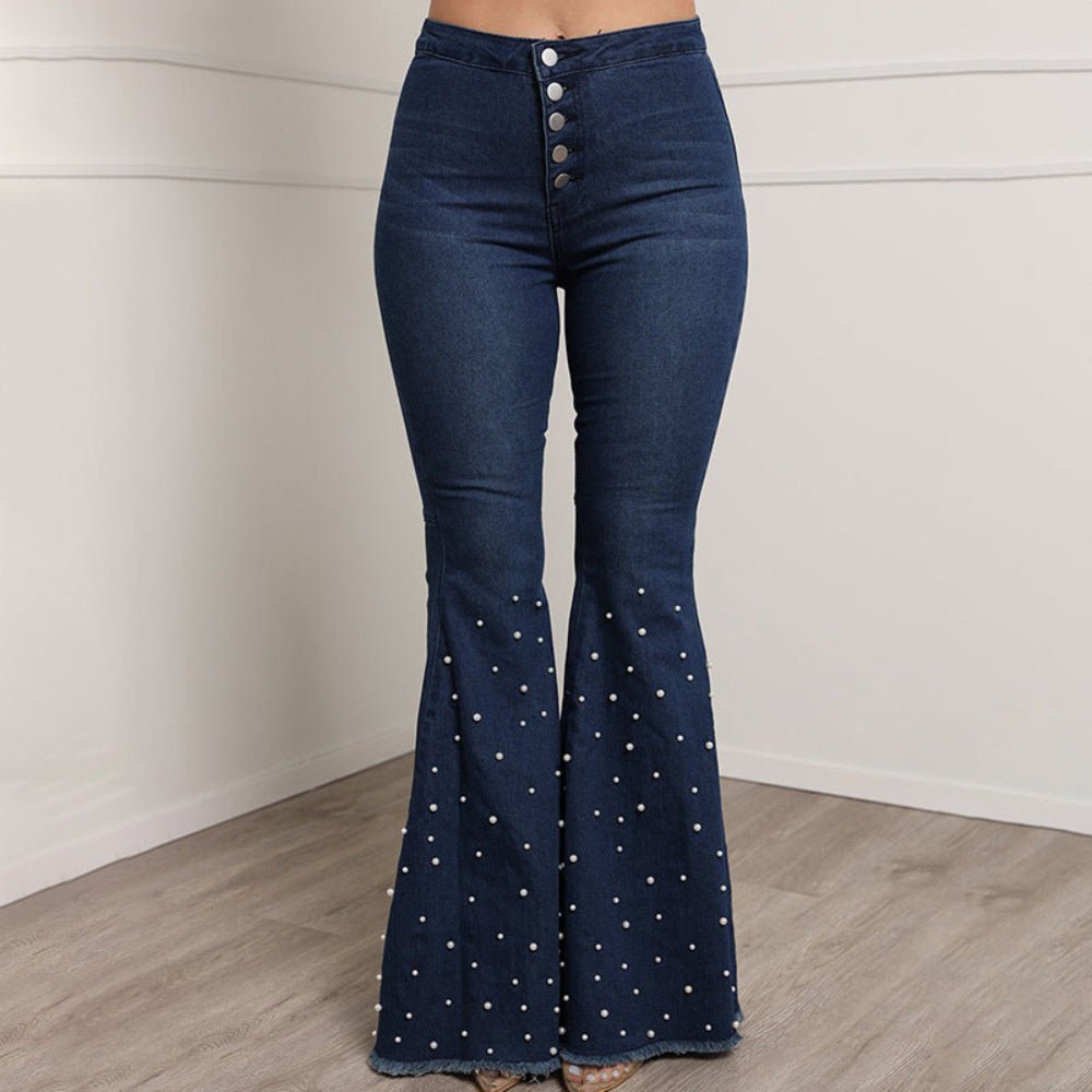 Flare Pearl Beading Wide Leg Boot Cut Skinny High Waist Bell Bottom Jeans - Body Central