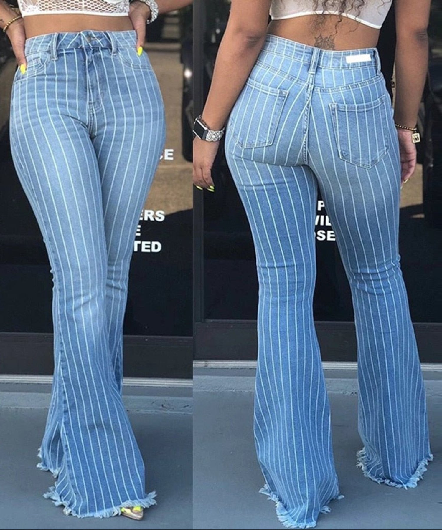 Flare Slim Stretchy Striped Denim Ruffles Tassel Jeans – Body Central Store