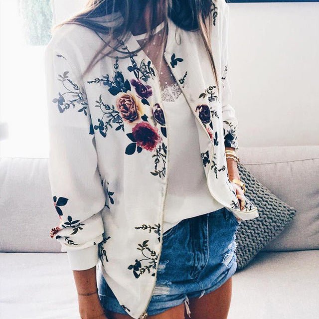 Floral Bomber Zipper Long Sleeve Jacket - Body Central