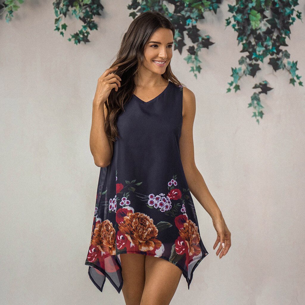 Floral Chiffon Sleeveless Irregular Mini Dress - Body Central