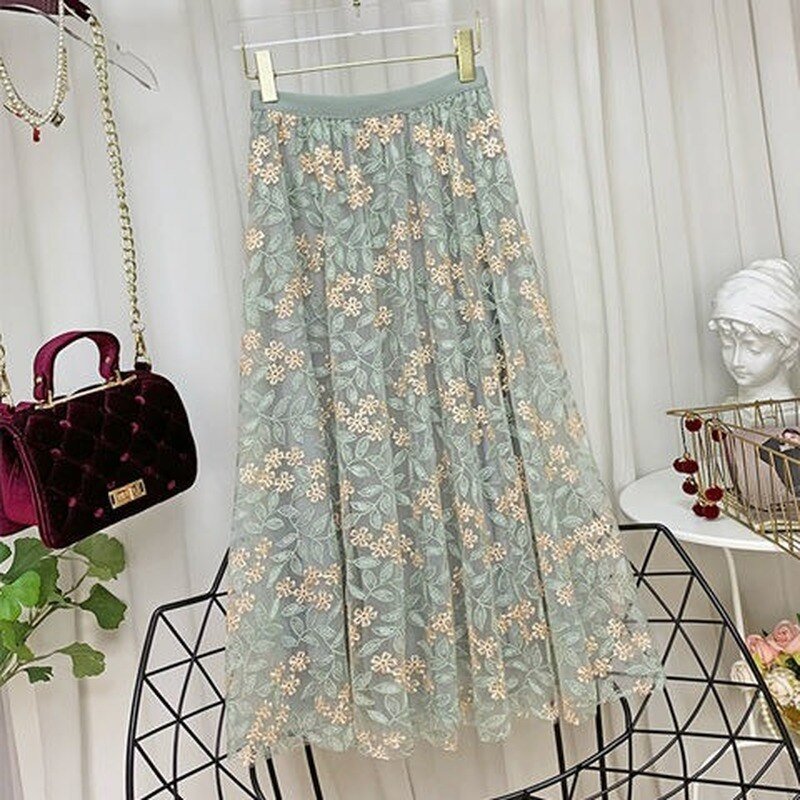Floral Elastic High Waist Mesh Midi Skirt - Body Central