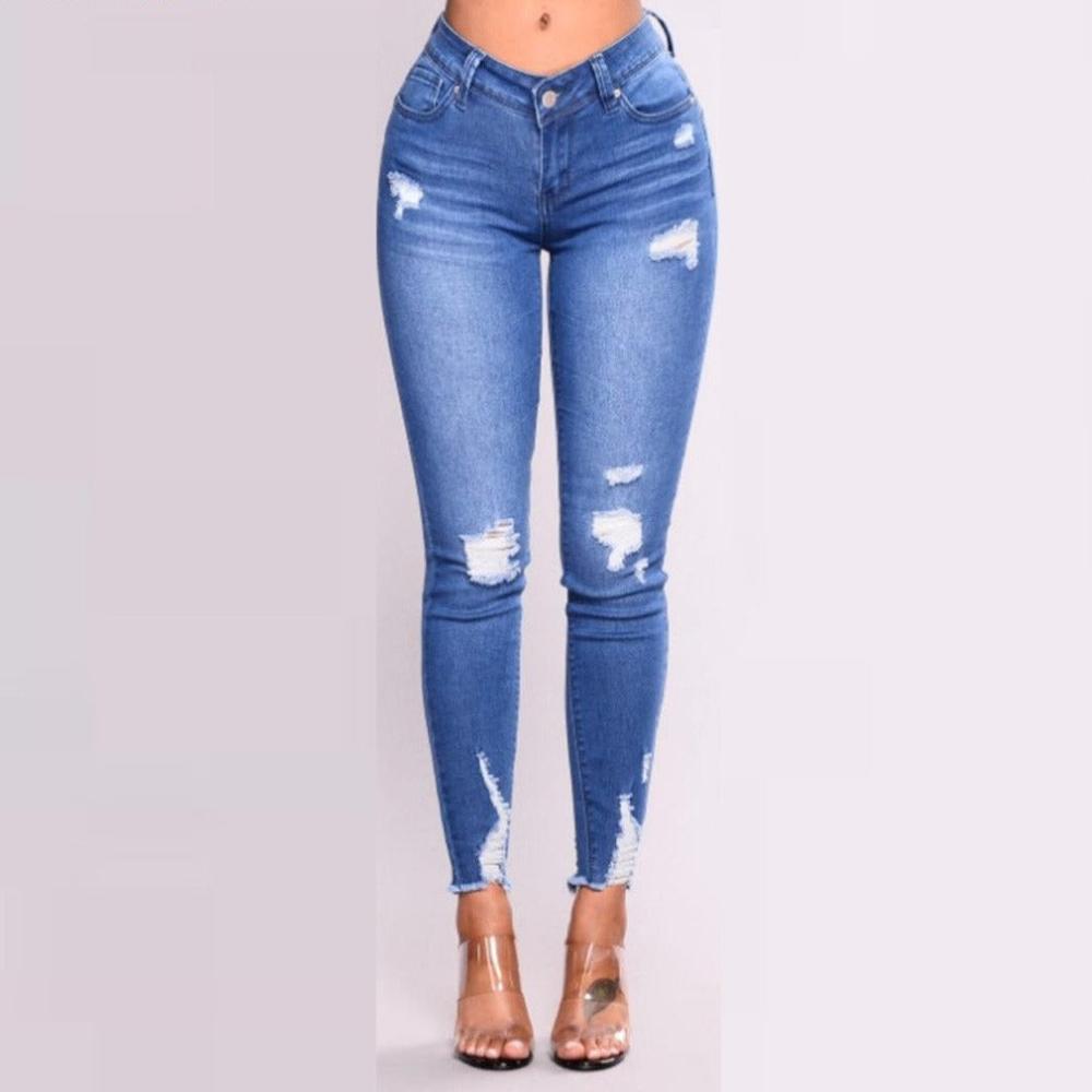 High Waist Slim Hole Ripped Denim Stretch Jeans - Body Central