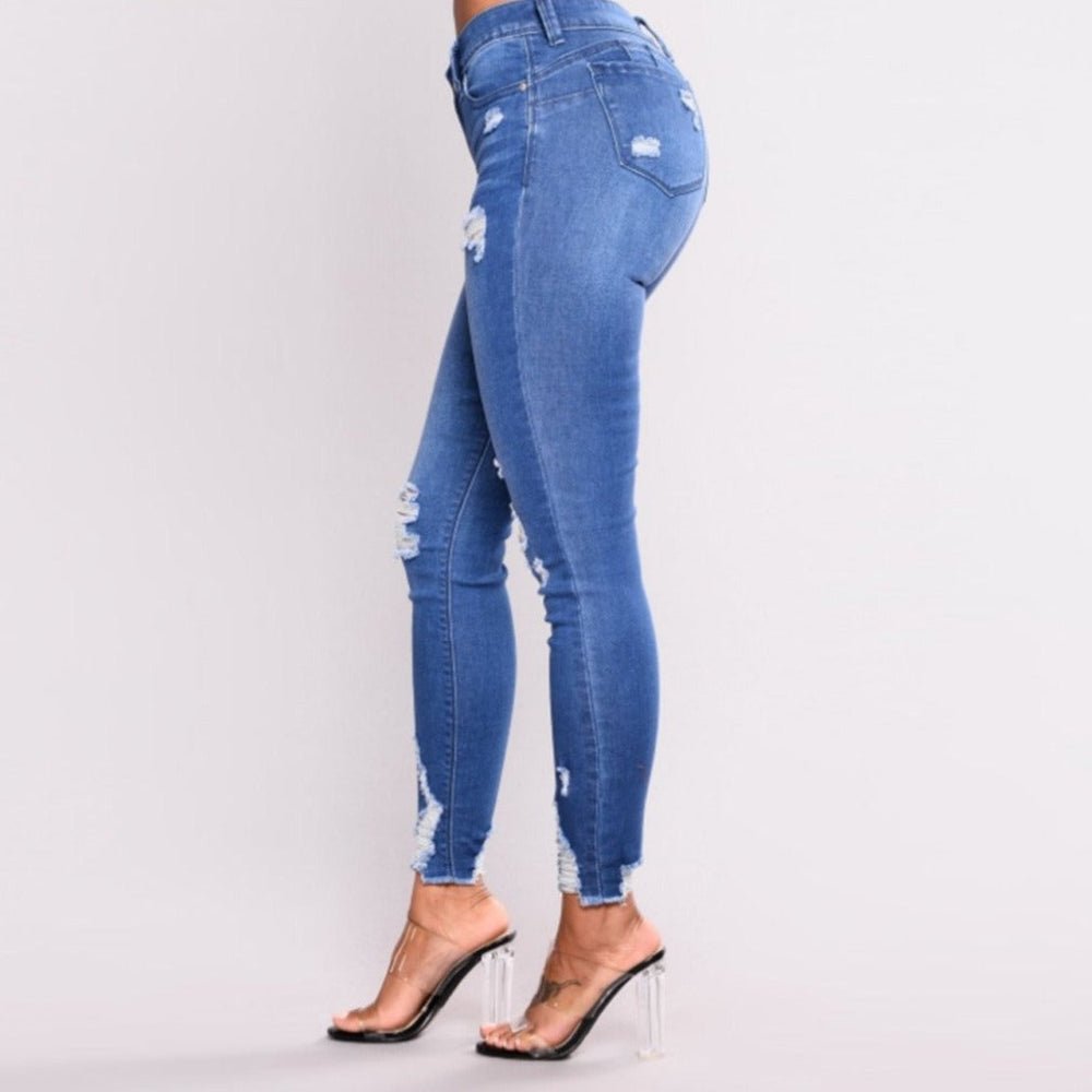 High Waist Slim Hole Ripped Denim Stretch Jeans - Body Central