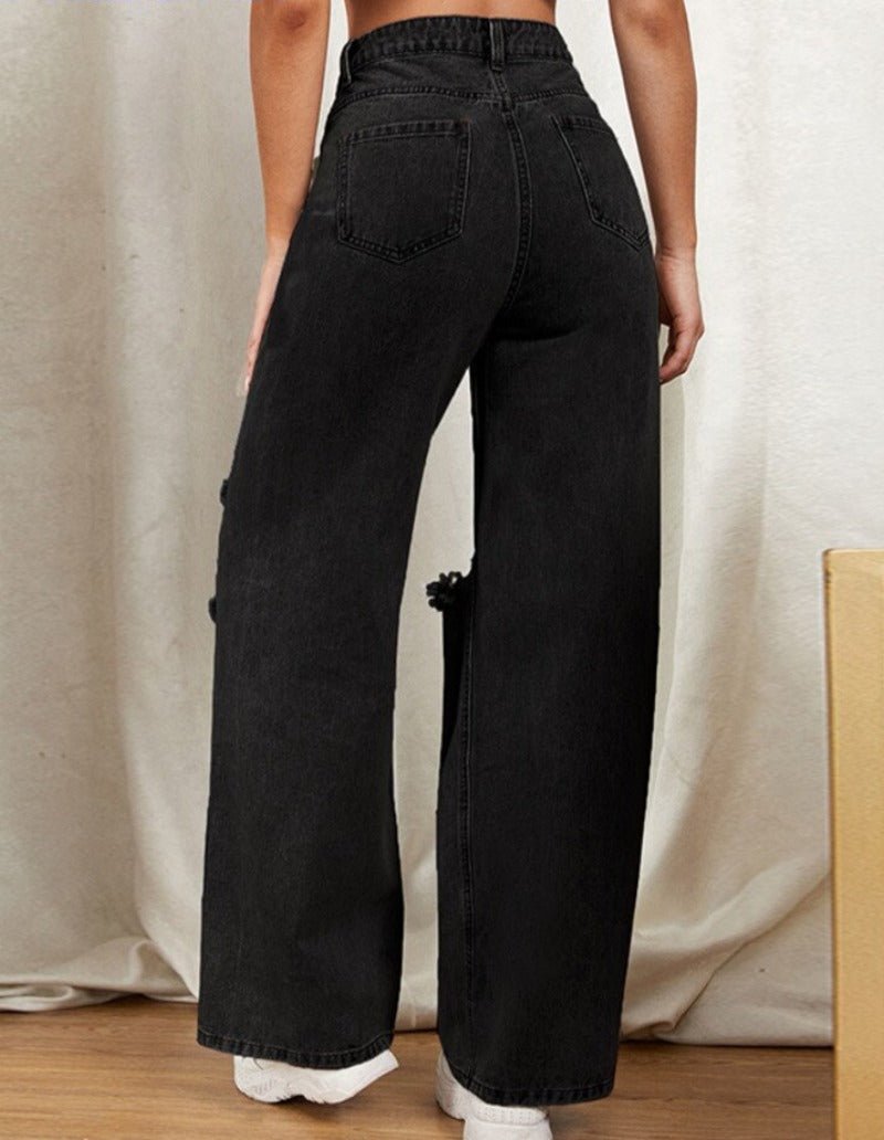 Cotton Denim Hole Washed Wide Leg Jeans - Body Central