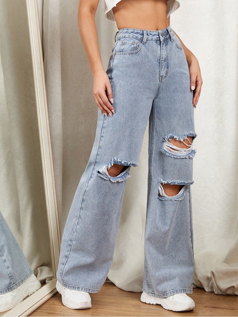 Cotton Denim Hole Washed Wide Leg Jeans - Body Central