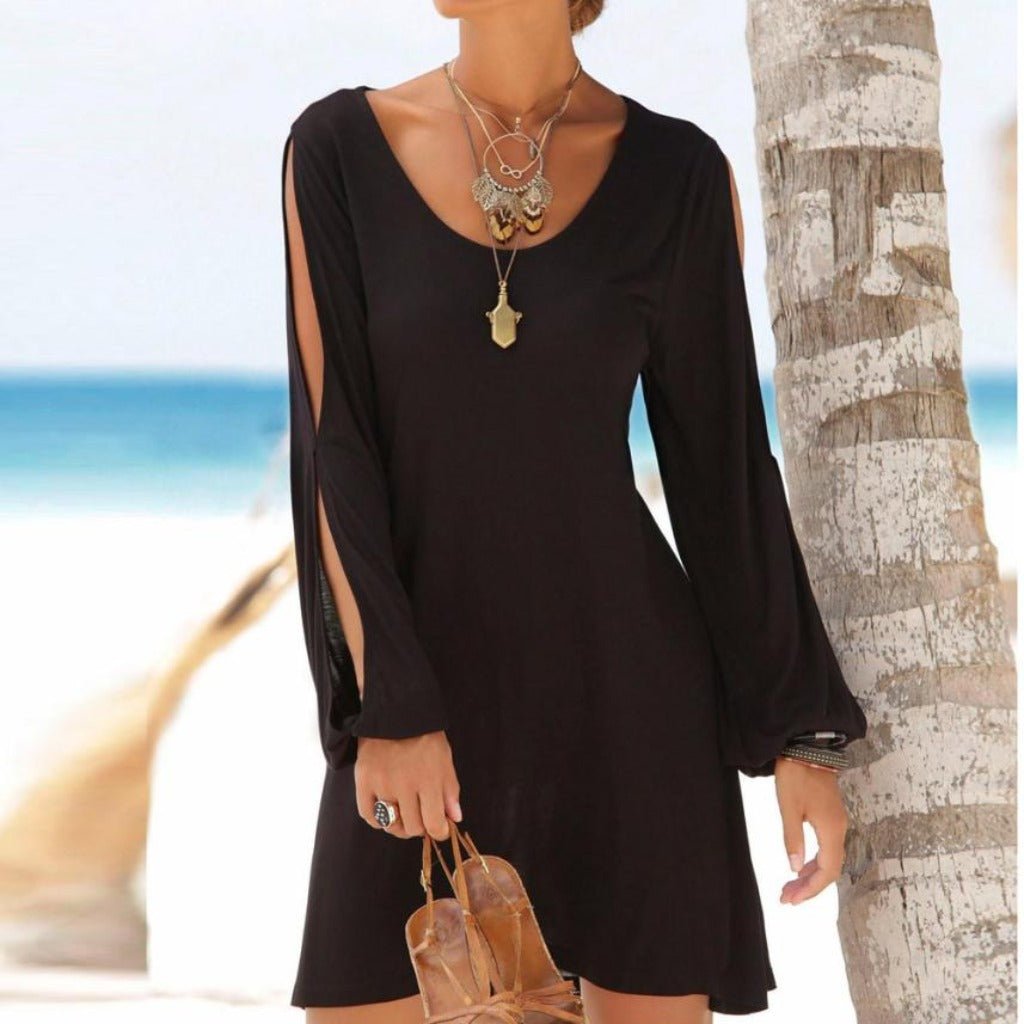 Hollow Out Lantern Sleeve O Neck Loose Straight Dress - Body Central