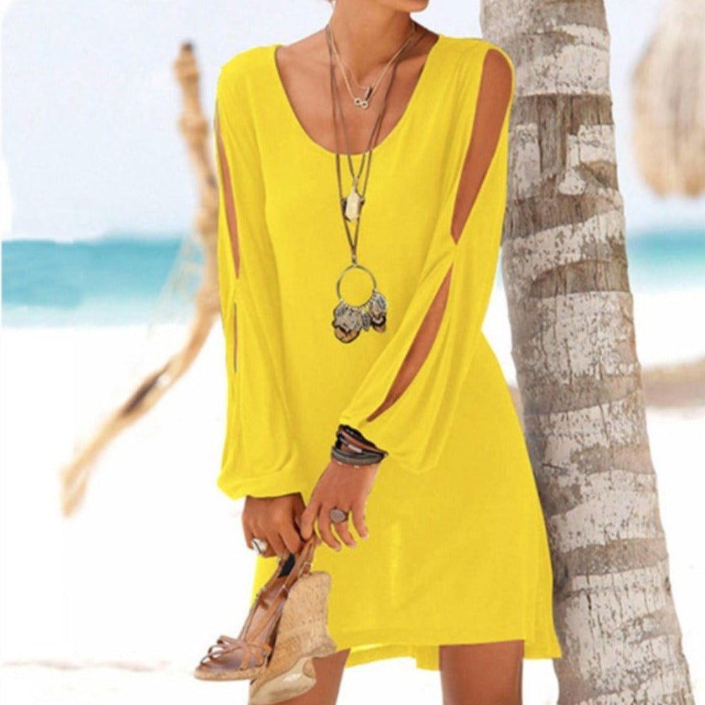 Hollow Out Lantern Sleeve O Neck Loose Straight Dress - Body Central