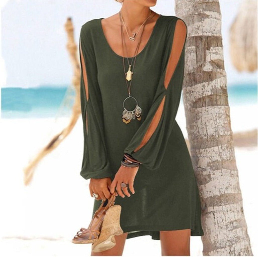 Hollow Out Lantern Sleeve O Neck Loose Straight Dress - Body Central