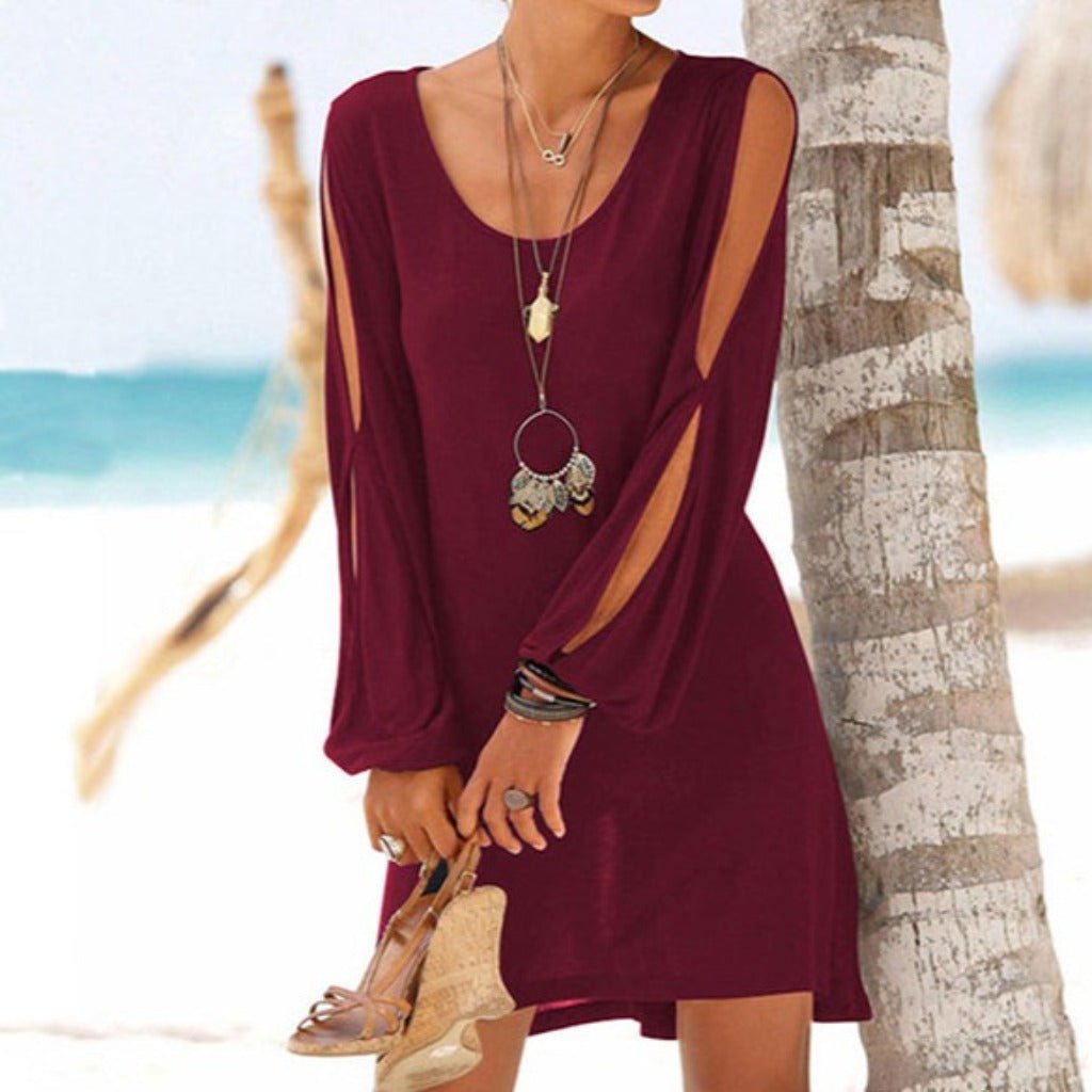 Hollow Out Lantern Sleeve O Neck Loose Straight Dress - Body Central