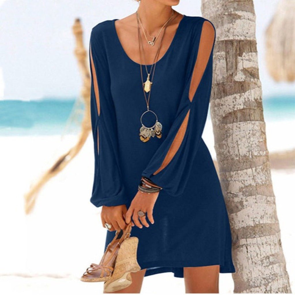 Hollow Out Lantern Sleeve O Neck Loose Straight Dress - Body Central