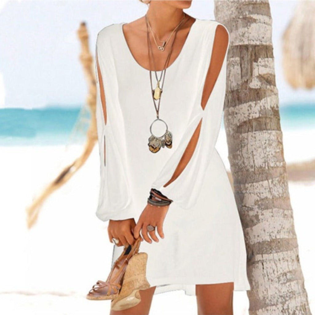 Hollow Out Lantern Sleeve O Neck Loose Straight Dress - Body Central