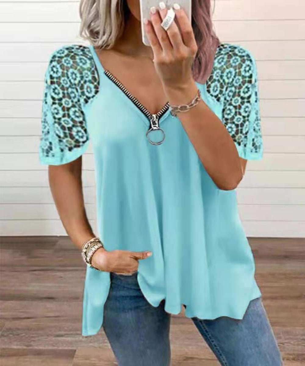Lace Patchwork Short Sleeve Zipper V Neck Loose Shirt - Body Central