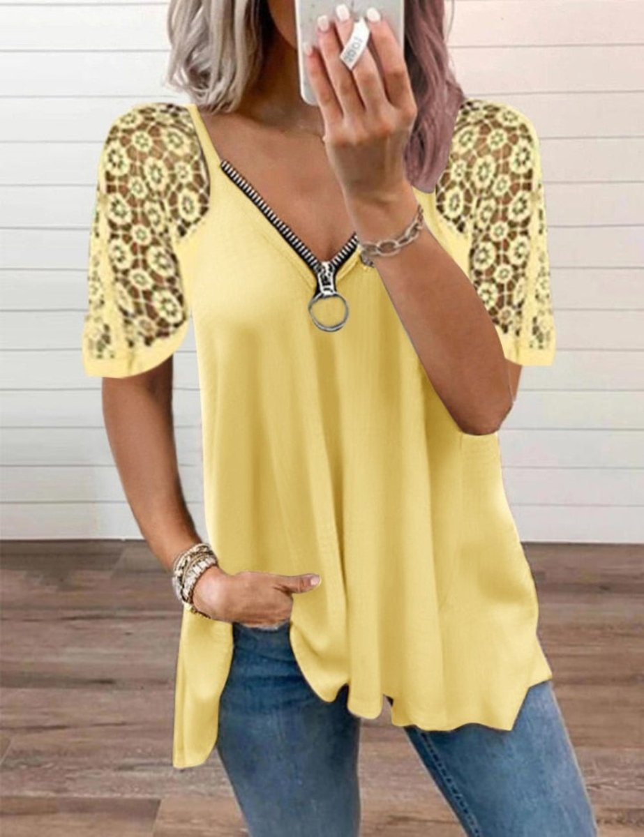 Lace Patchwork Short Sleeve Zipper V Neck Loose Shirt - Body Central