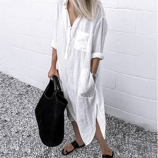 Lapel Button Long Sleeve Side Split Shirt Dress - Body Central