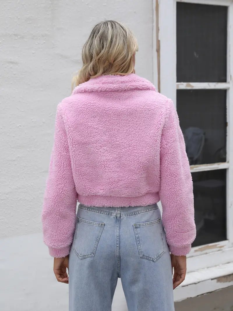 Lapel Fluffy Crop Long Sleeve Loose Plush Teddy Outerwear - Body Central