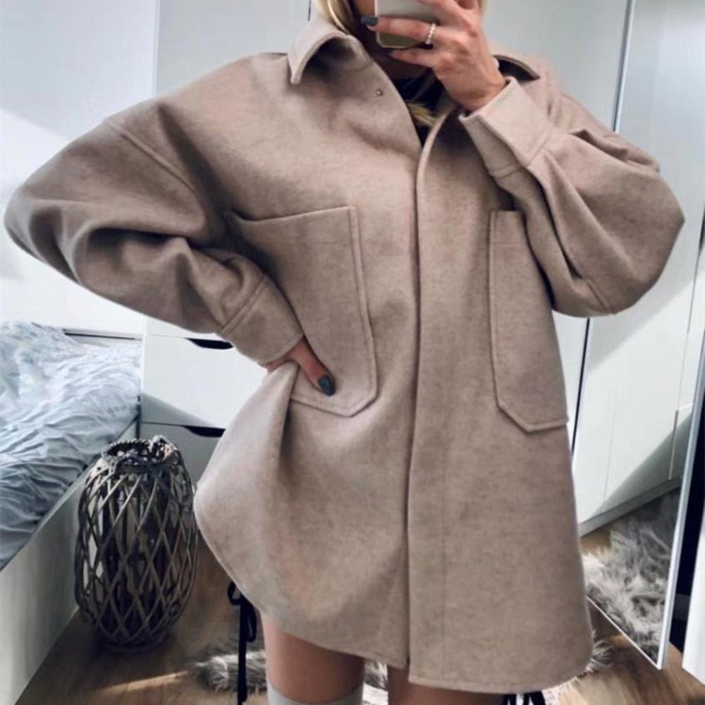 Loose Pocket Woolen Long Sleeve Thick Coat - Body Central