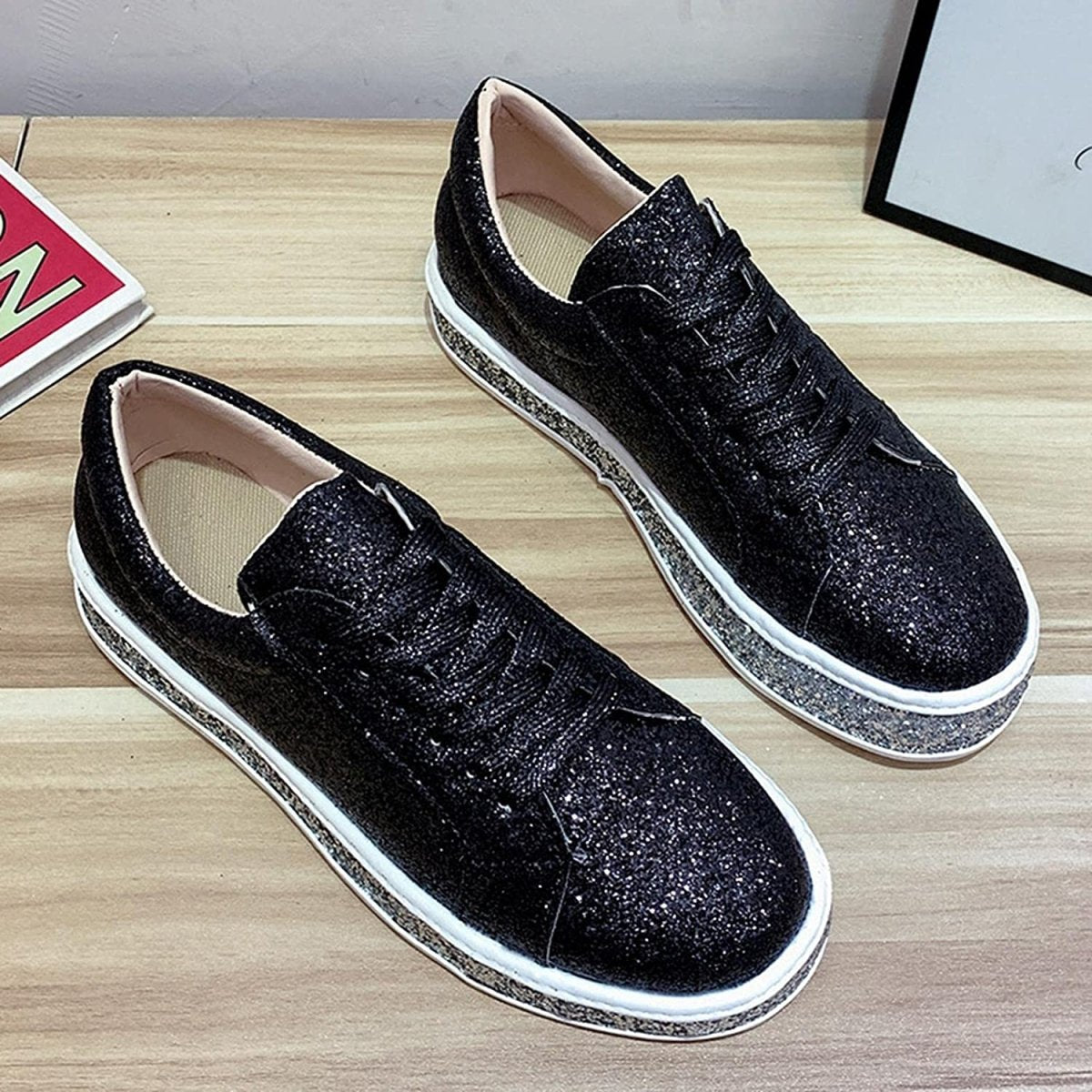 Platform Glitter Sequin Lace Up Chunky Bottom Slip On Leather Sneakers - Body Central