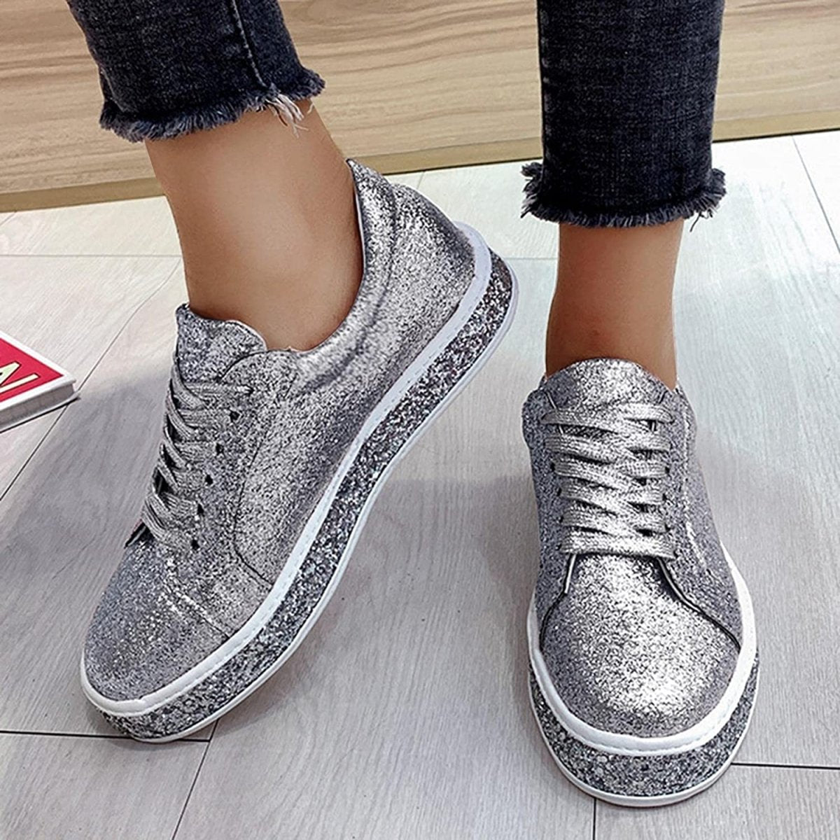 Platform Glitter Sequin Lace Up Chunky Bottom Slip On Leather Sneakers - Body Central