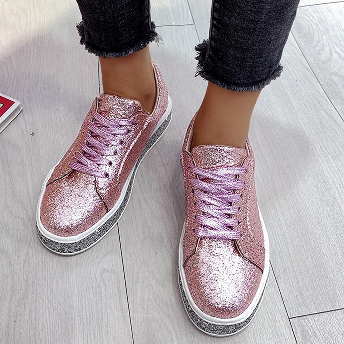 Platform Glitter Sequin Lace Up Chunky Bottom Slip On Leather Sneakers - Body Central