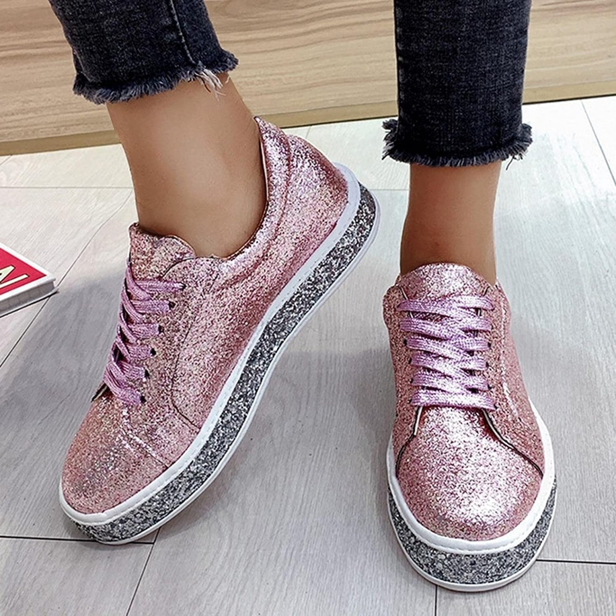 Platform Glitter Sequin Lace Up Chunky Bottom Slip On Leather Sneakers - Body Central