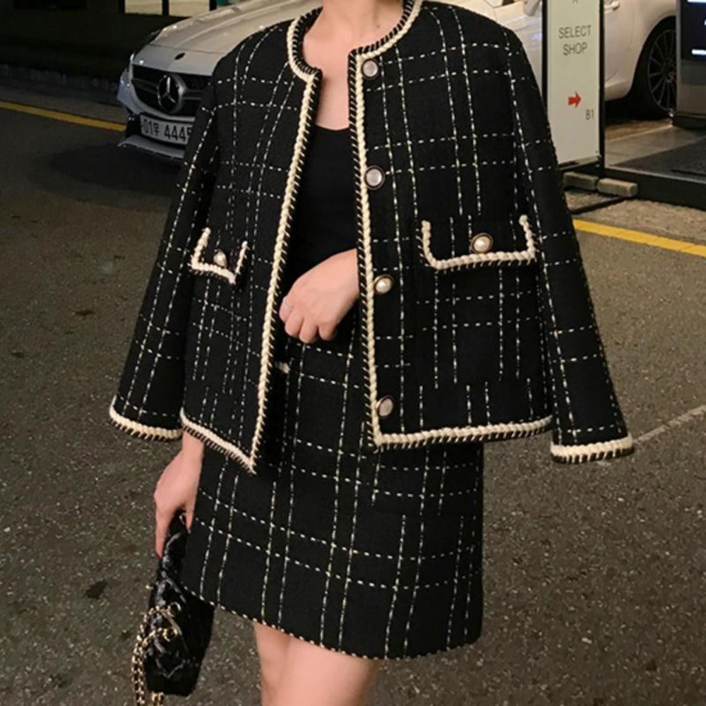 Short Woolen Tweed Jacket & Bodycon Mini Skirt Set Two Piece Outfits - Body Central Store
