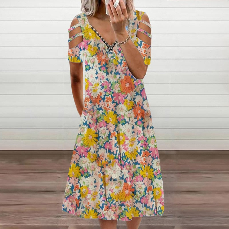 Zipper Floral Print Short Sleeve Summer V Neck Hollow Out Dress - Body Central Store