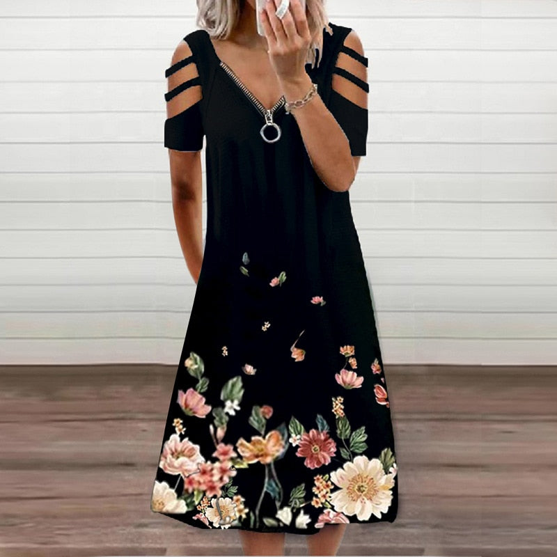 Zipper Floral Print Short Sleeve Summer V Neck Hollow Out Dress - Body Central Store