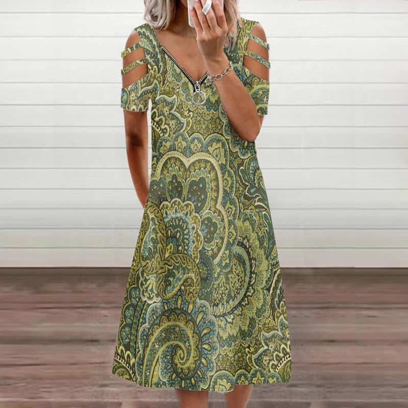 Zipper Floral Print Short Sleeve Summer V Neck Hollow Out Dress - Body Central Store