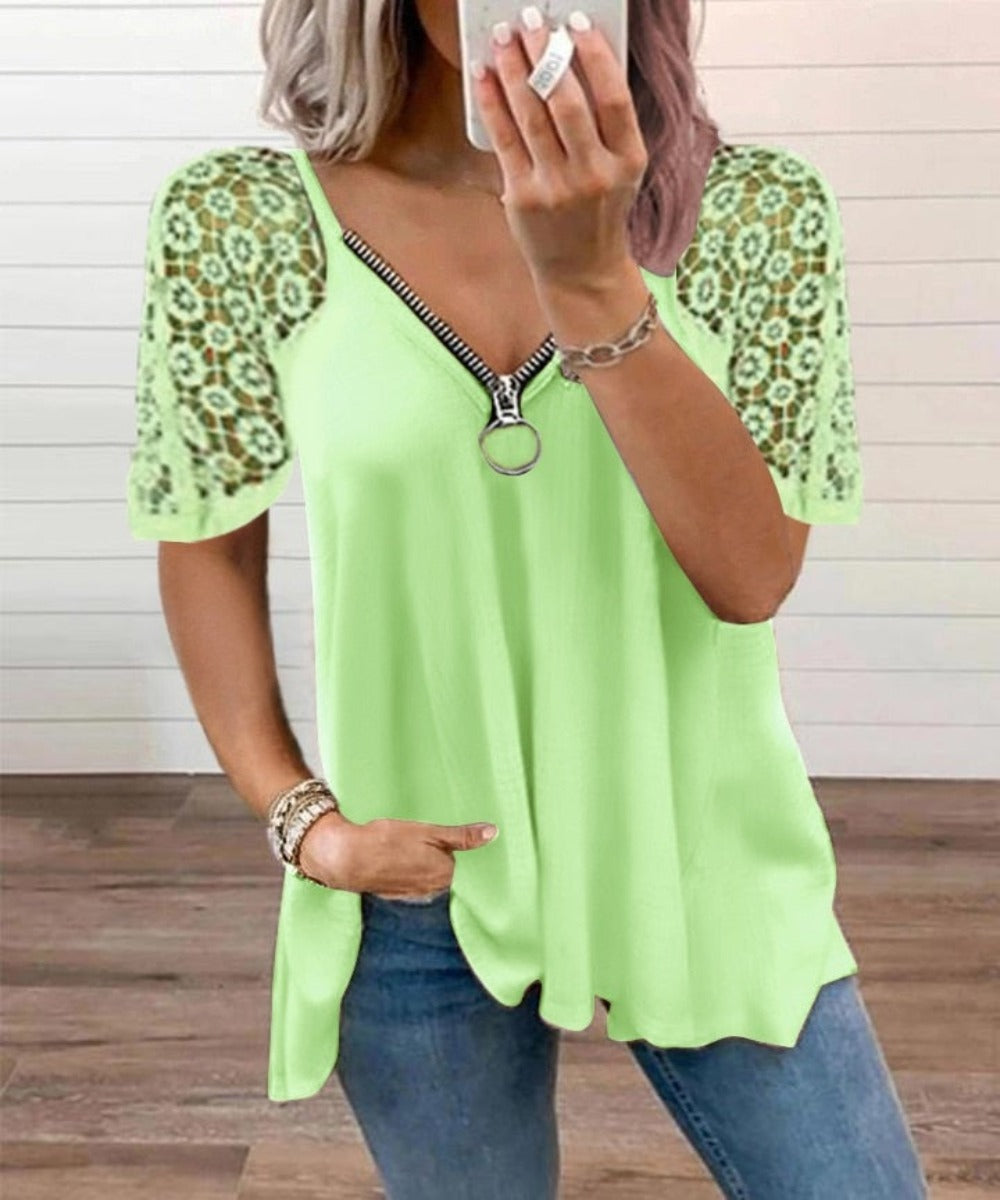 Lace Patchwork Short Sleeve Zipper V Neck Elegant Loose Shirt - Body Central Store