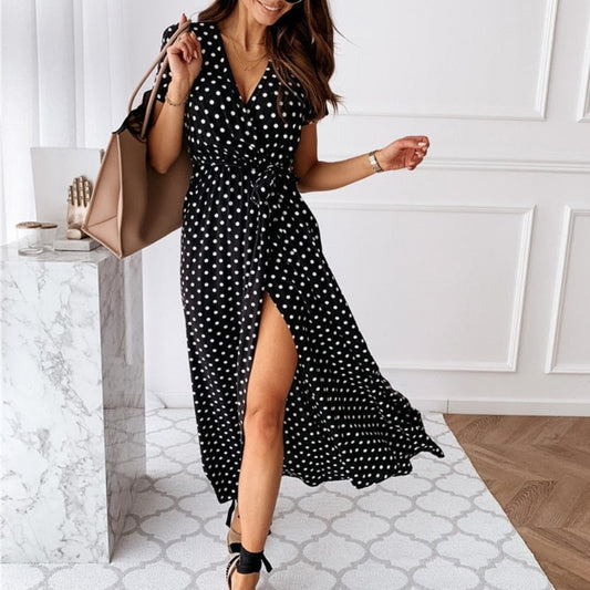 Summer Women Dresses Polka Dot Fashion Split Dress Vacation Casual Beach Long Dress - Body Central Store