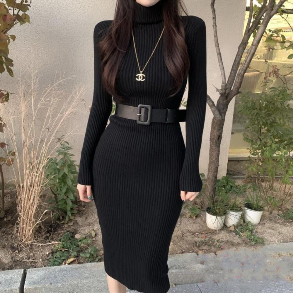 Knitted Bodycon Midi Dress Soft Elastic Turtleneck With Belt - Body Central Store