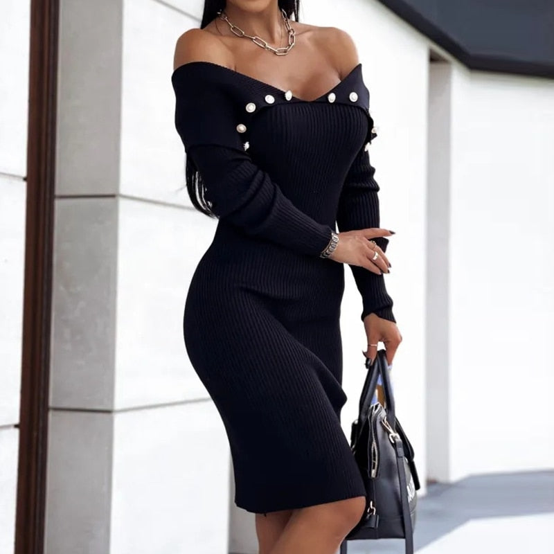 Slash Neck Knitted Long Sleeve Slim Sweater Elegant Patchwork Button Plain Dress - Body Central Store
