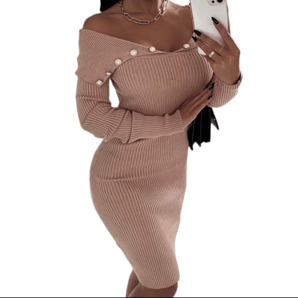 Slash Neck Knitted Long Sleeve Slim Sweater Elegant Patchwork Button Plain Dress - Body Central Store