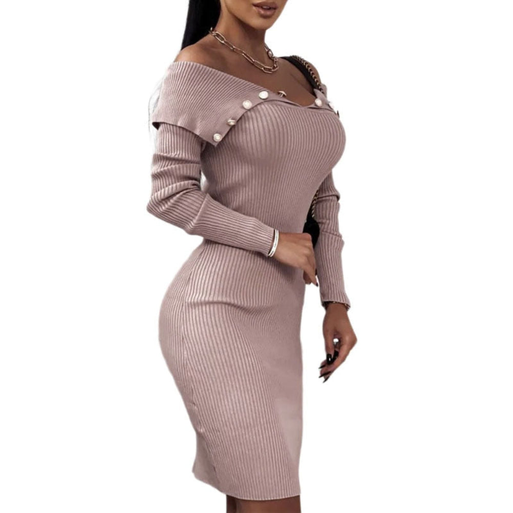 Slash Neck Knitted Long Sleeve Slim Sweater Elegant Patchwork Button Plain Dress - Body Central Store