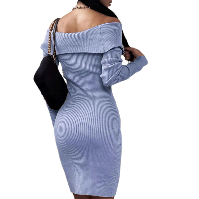 Slash Neck Knitted Long Sleeve Slim Sweater Elegant Patchwork Button Plain Dress - Body Central Store