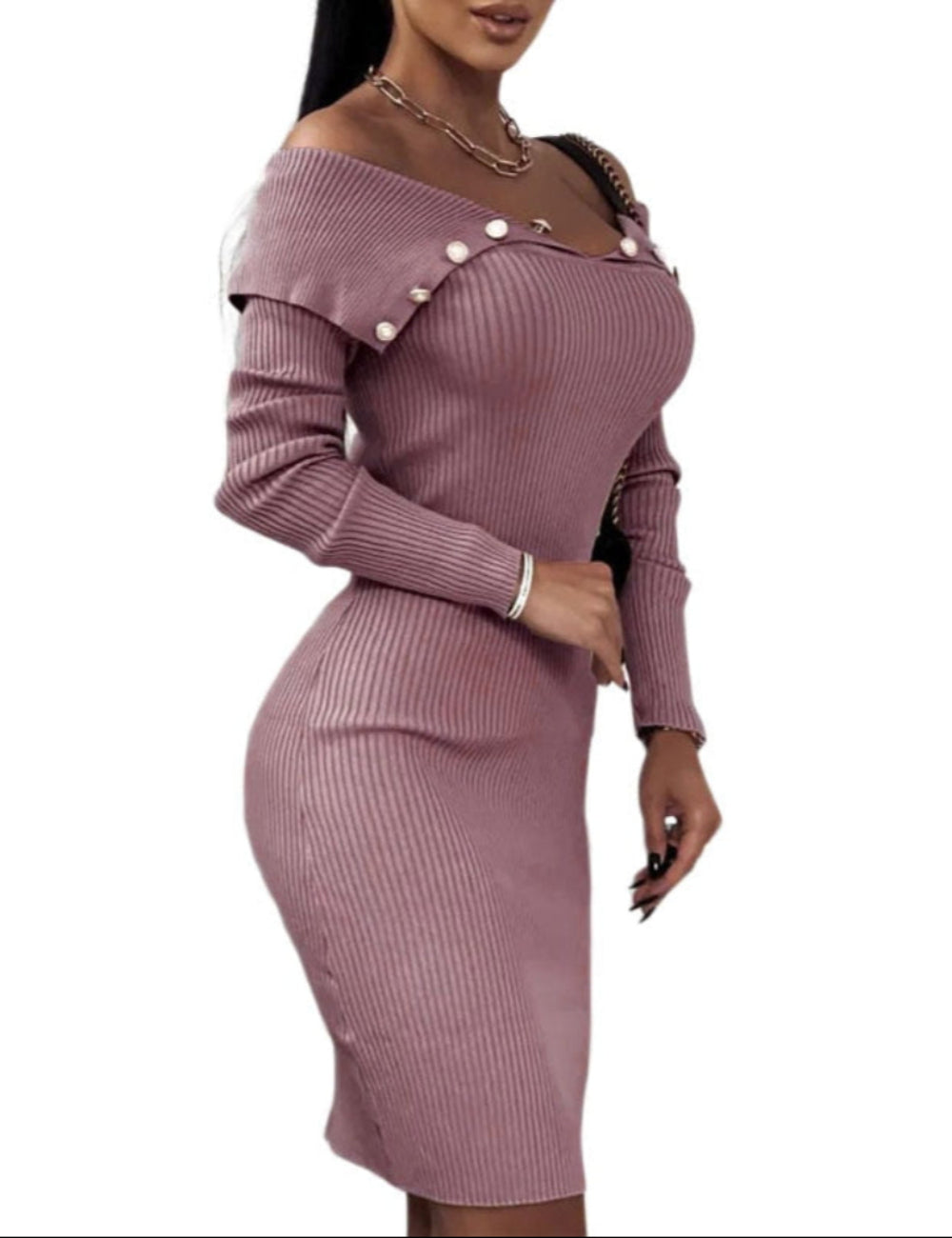 Slash Neck Knitted Long Sleeve Slim Sweater Elegant Patchwork Button Plain Dress - Body Central Store