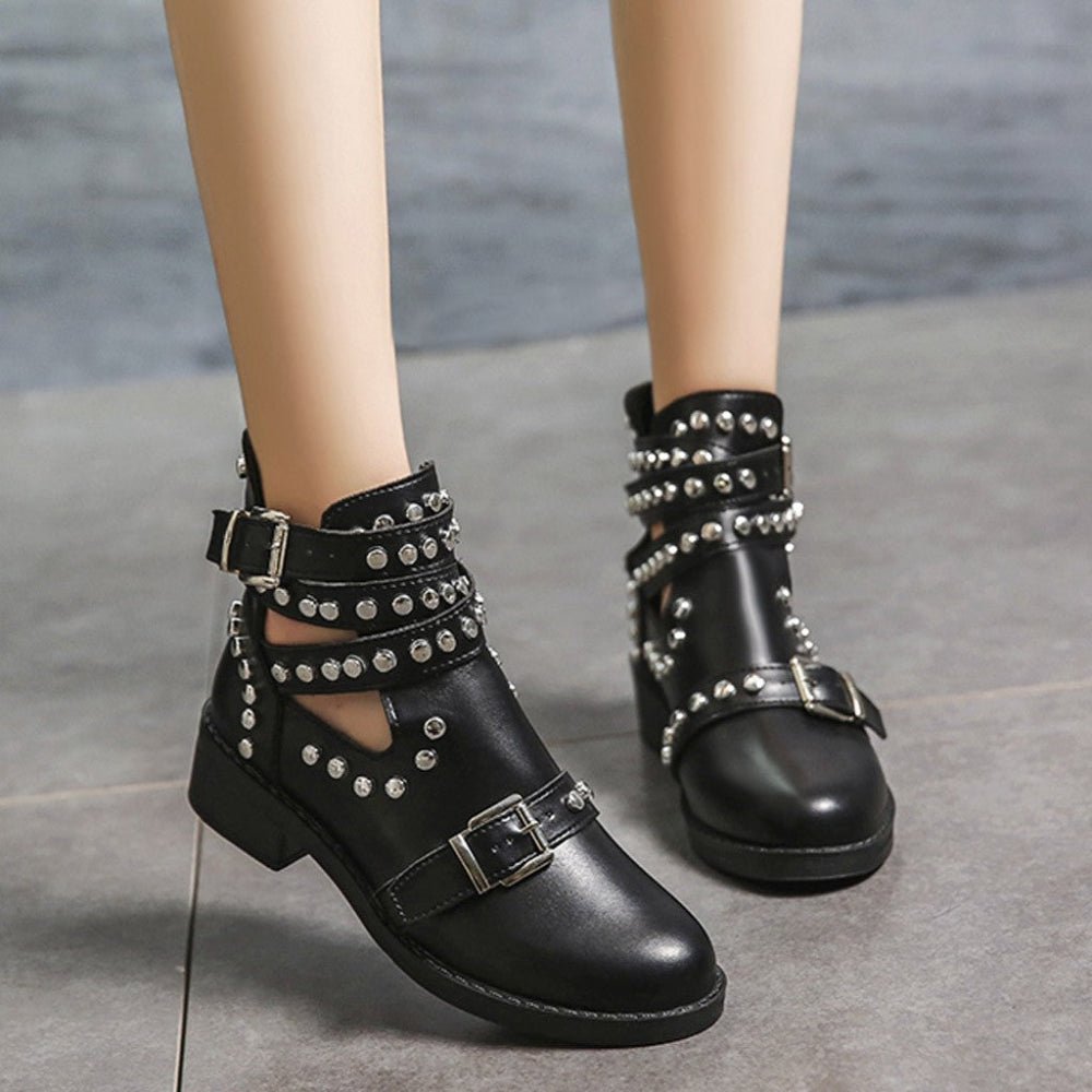 Retro Rivet Motorcycle Leather Heel Ankle Buckle Boots - Body Central