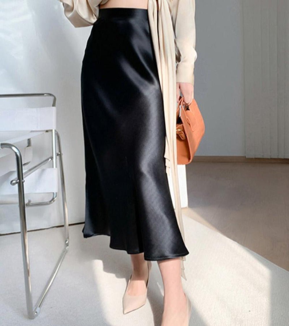 Satin Silk Midi A - line Long High Waist Skirt - Body Central