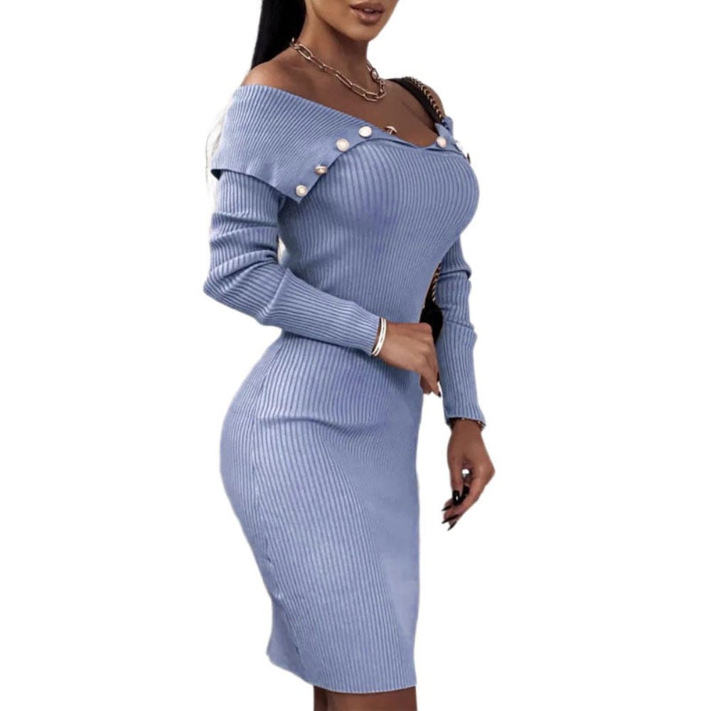 Slash Neck Knitted Slim Sweater Patchwork Button Dress - Body Central