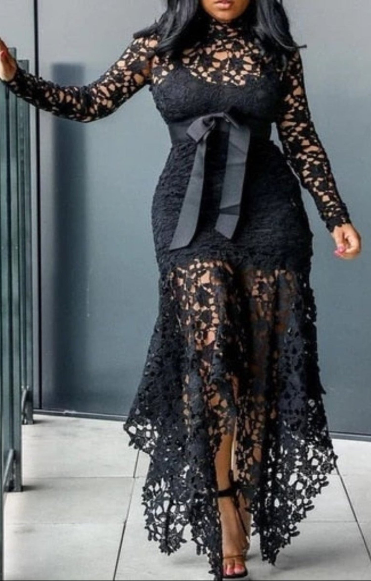fishtail bodycon dress Elegant Lace 3/4 Sleeves Ruffles Bodycon Fishtail Dress, White / XS main image 1