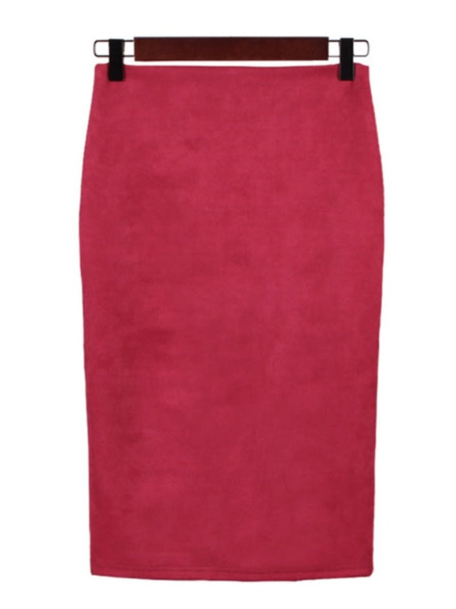 Suede Midi Pencil Elastic High Waist Skirt - Body Central