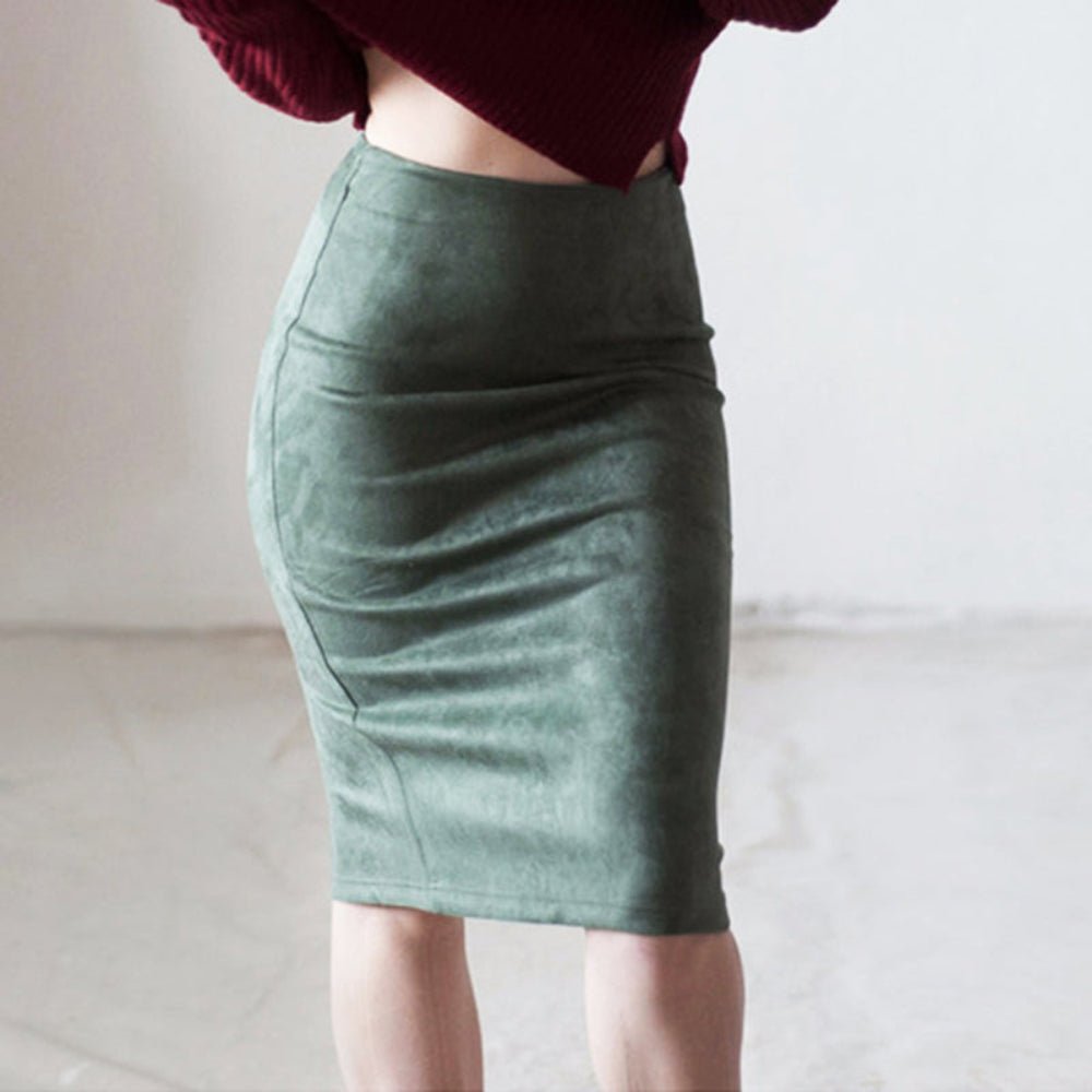 Suede Midi Pencil Elastic High Waist Skirt - Body Central