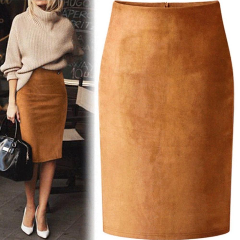 Suede Midi Pencil Elastic High Waist Skirt - Body Central