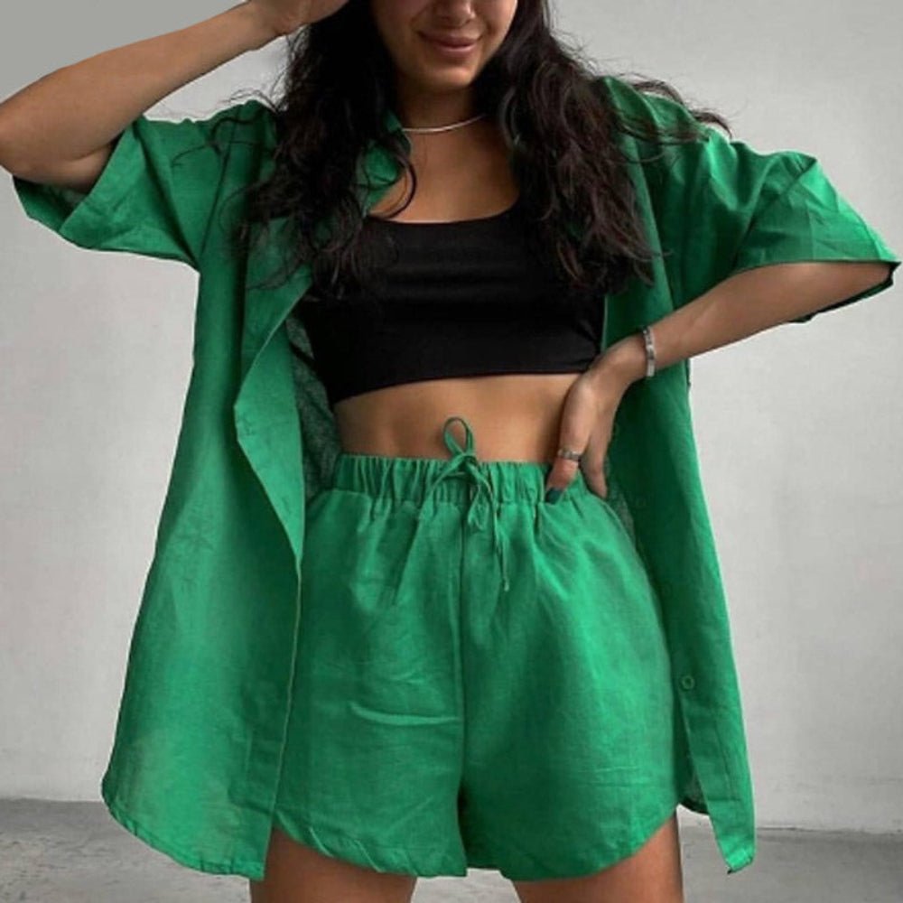 Summer Tracksuit Long Sleeve Shirt Mini Shorts Set - Body Central