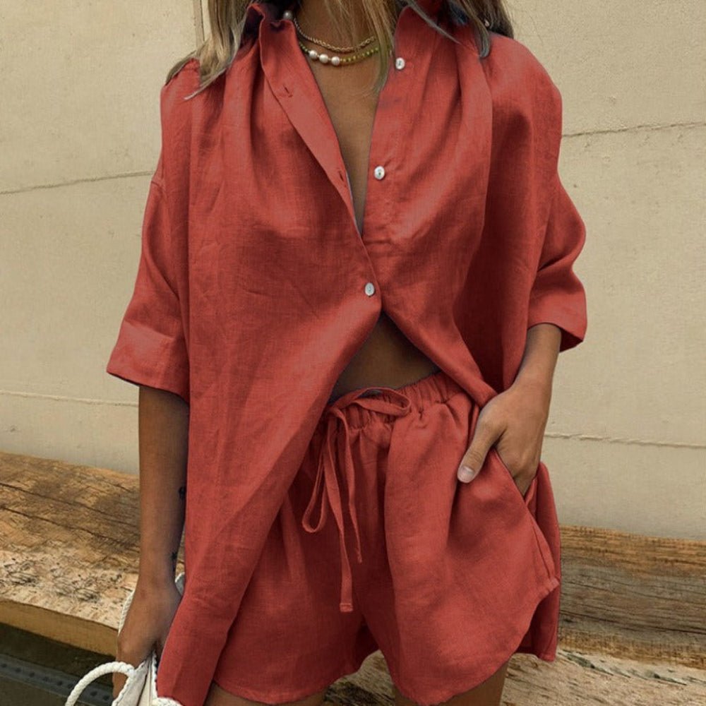 Summer Tracksuit Long Sleeve Shirt Mini Shorts Set - Body Central