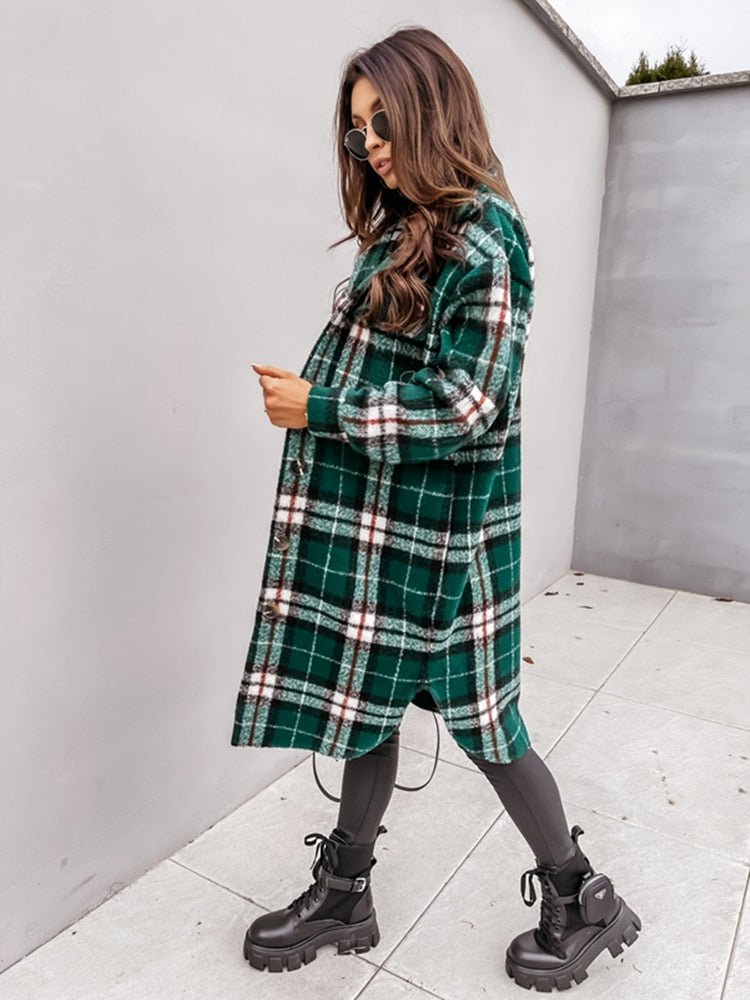 Woolen Plaid Print Retro Coat - Body Central