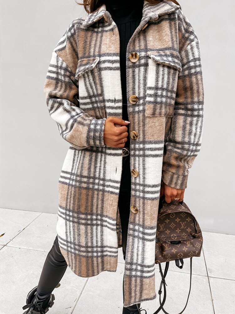 Woolen Plaid Print Retro Coat - Body Central