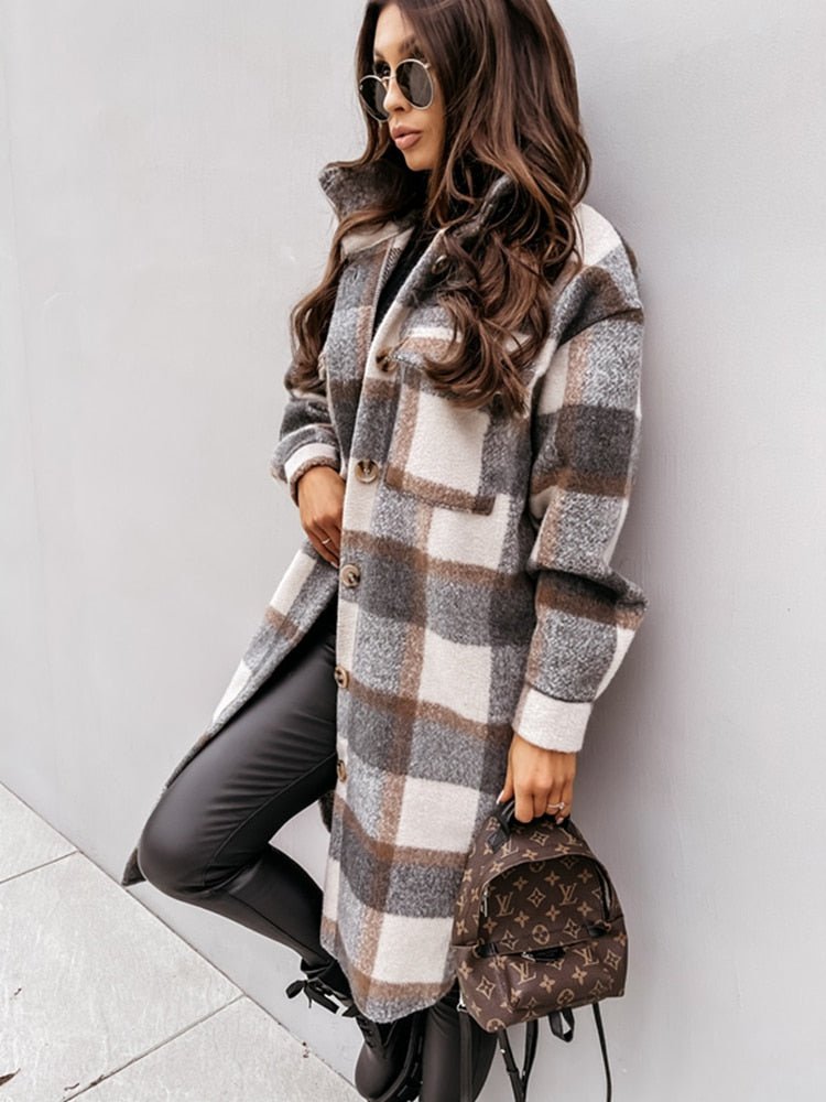 Woolen Plaid Print Retro Coat - Body Central