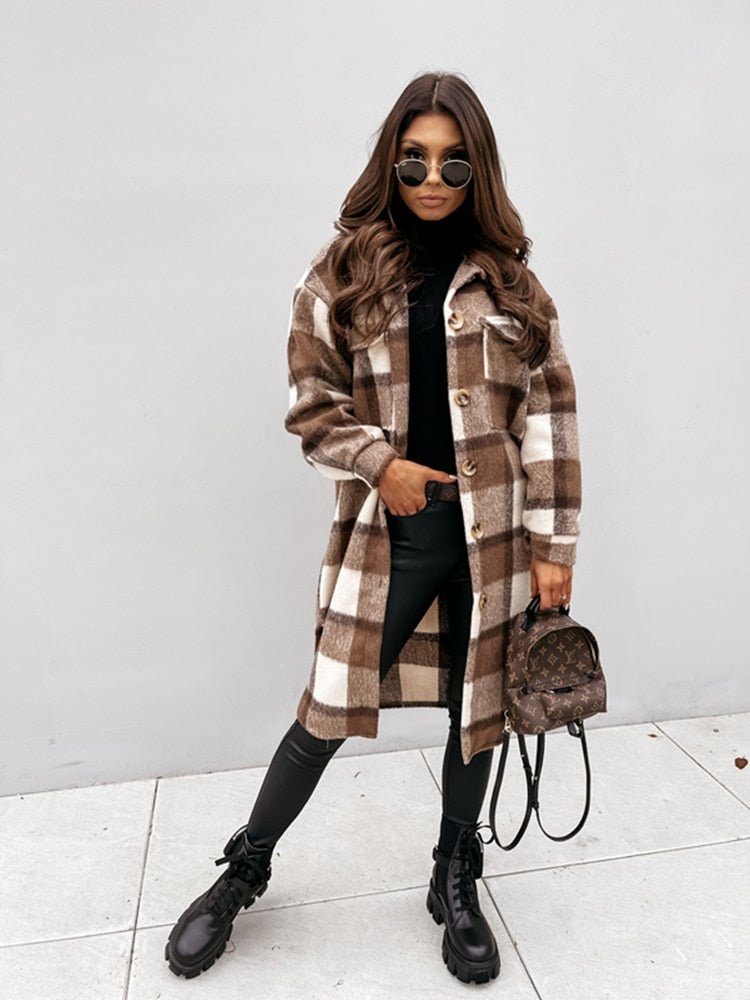 Woolen Plaid Print Retro Coat - Body Central